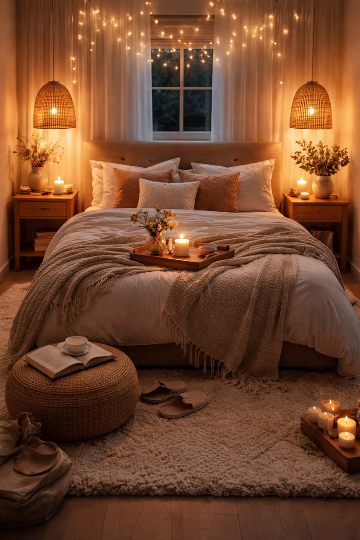 Bedroom with layered warm lighting including a bedside lamp and dim overhead fixture