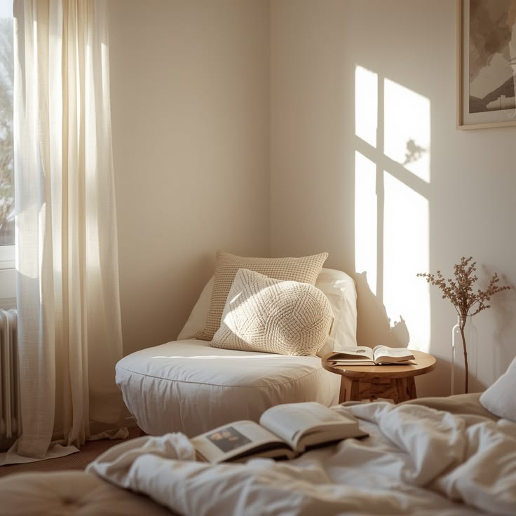 Bedroom corner with soft furnishings and a small sound machine on the nightstand